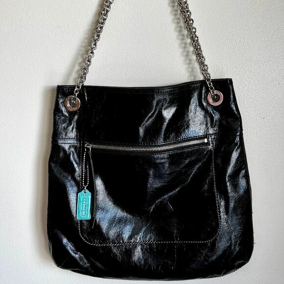 Coach Poppy Slim Black Leather Tote, with silver chain strap. - Picture 1 of 16